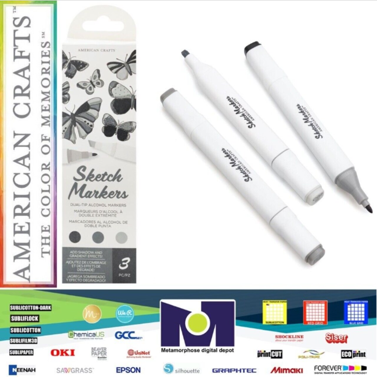 American Crafts - Sketch Markers Collection - Dual Tip - Chisel and Fine Point - Slate 3 Pack 34007544